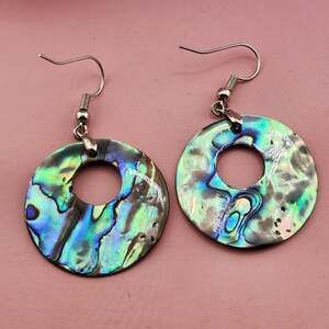 Iridescent Abalone Look Shell Circle Drop Earrings Silver Tone Boho Pair